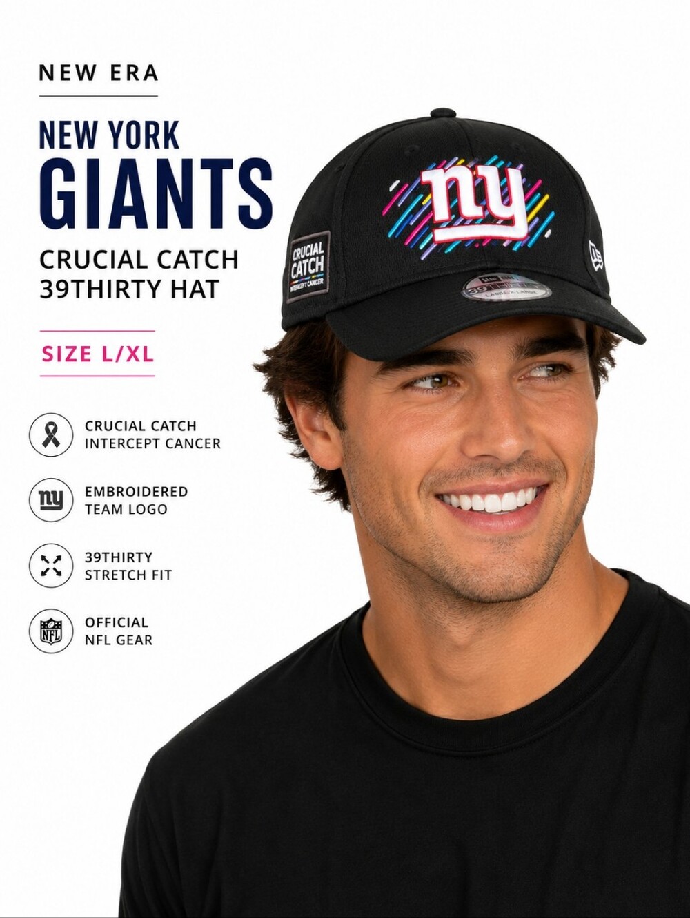 New Era NFL New York Giants Crucial Catch 39THIRTY Flex Fit Hat Black L/XL UNISE